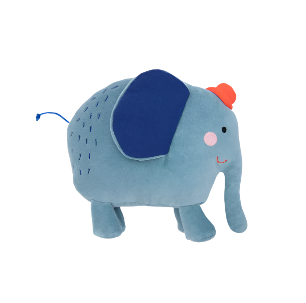Blue elephant plush toy with a red trunk on a light gray background