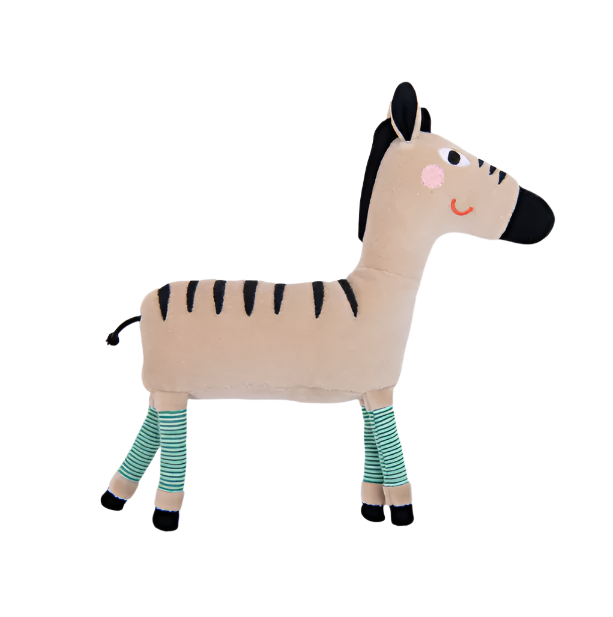 Plush zebra toy with striped legs on a light gray background