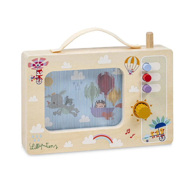 Children's toy resembling a vintage television with colorful buttons and a screen displaying cartoon characters.