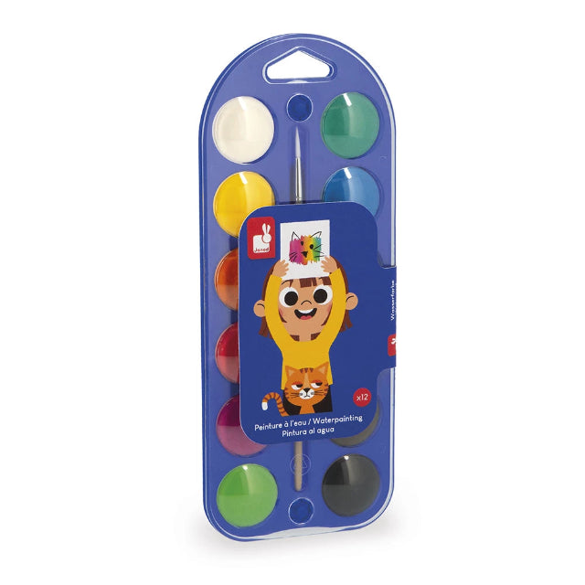 Children's watercolor set with cartoon character packaging on a white background
