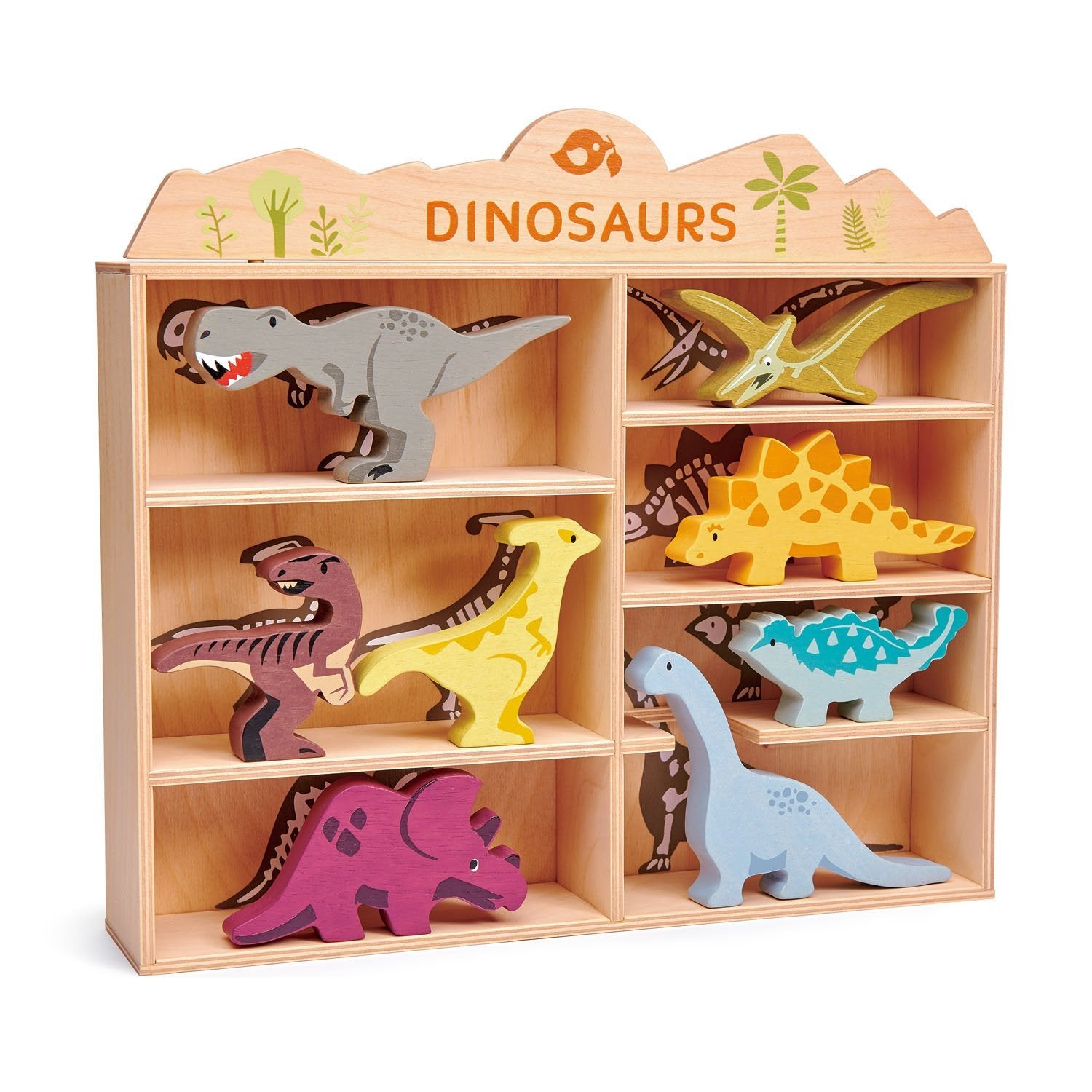8 wooden Dinosaurs & Shelf